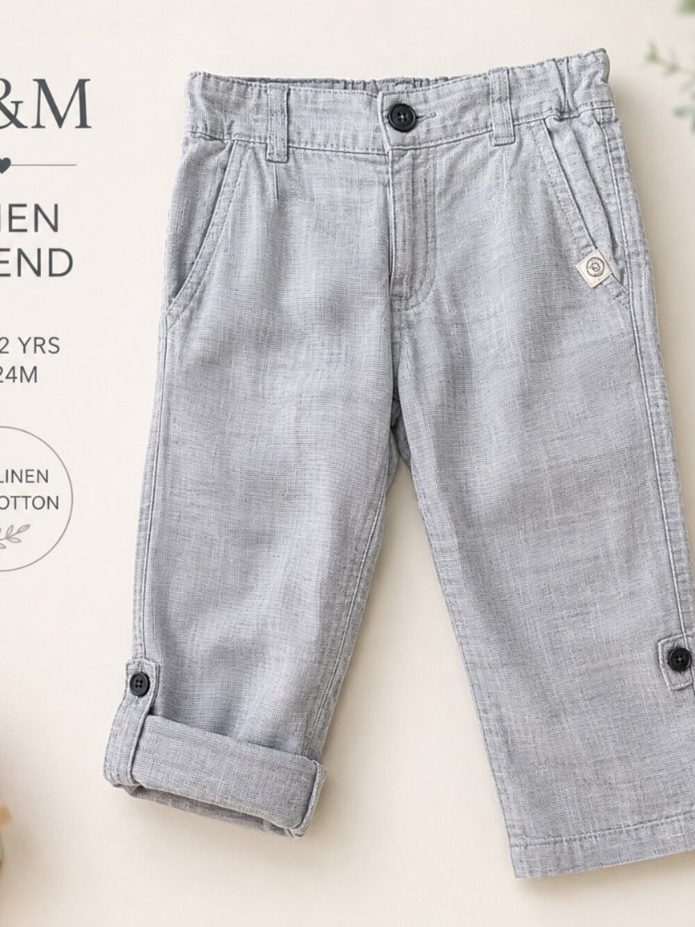 H&M Boys Linen Cotton Pants Gray Size 18–24M / 1.5–2Y Roll-Up